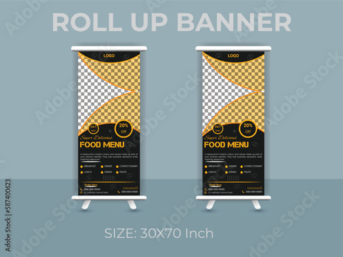 Restaurant food menu roll up banner  template. delicious food standee banner layout.