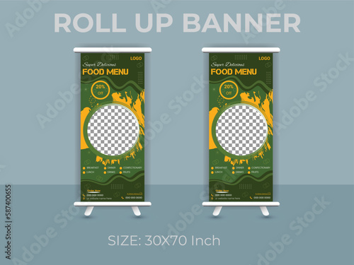 Restaurant food menu roll up banner  template. delicious food standee banner layout.