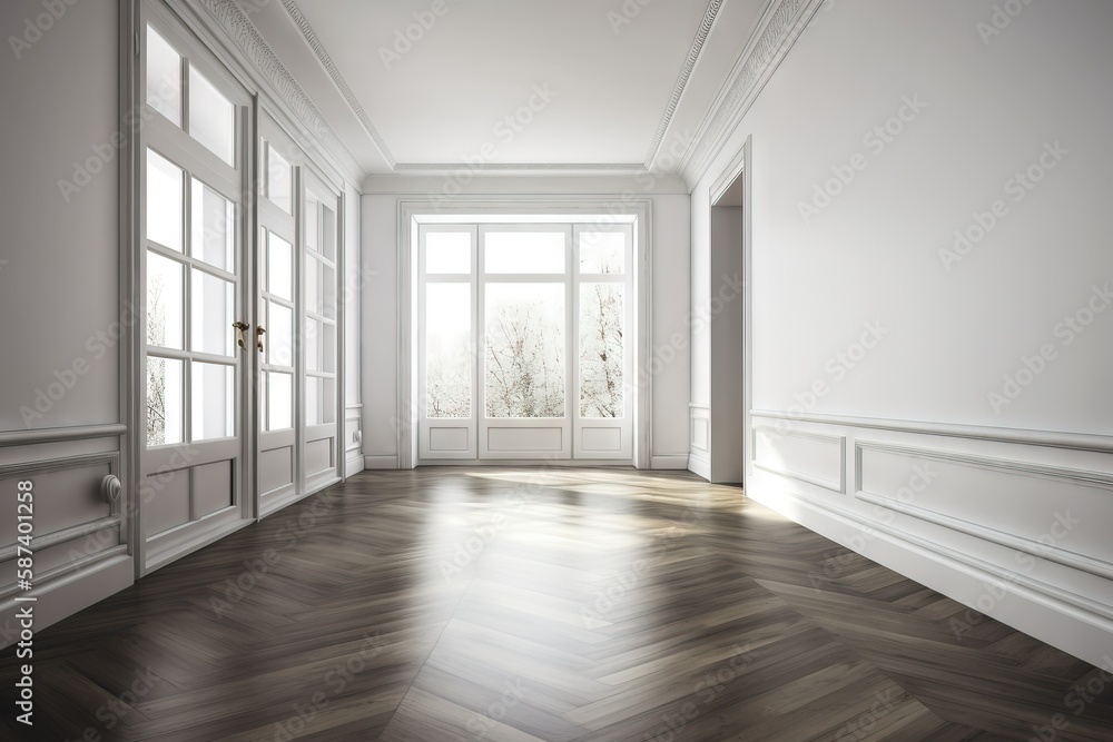 an empty room with a large window and wooden floor and a wooden parquet floor with white walls and a wooden floor with a door. generative ai an empty room with a large window and wooden floor and a wooden parquet floor with white walls and a wooden floor with a door. generative ai