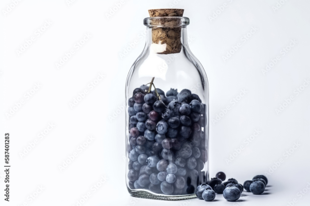 Fresh juicy blueberries in a glass transparent jar isolated on a white background. High resolution. Generative AI