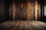  an empty room with a wood paneled wall and a window in the center of the room is a wooden floor and a wooden wall.  generative ai