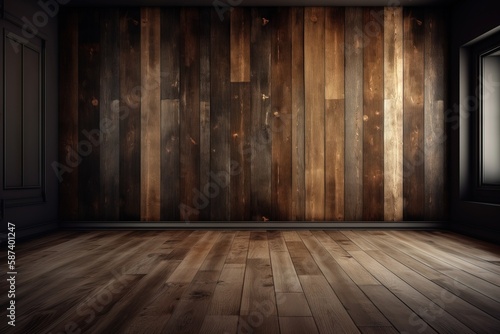  an empty room with a wood paneled wall and a window in the center of the room is a wooden floor and a wooden wall.  generative ai
