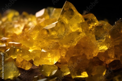  a pile of yellow crystals sitting on top of a wooden table next to a black background with a black background behind it and a black background with a black border. generative ai