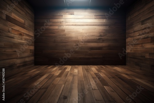  an empty room with a wooden floor and a light on the wall and a spot light on the floor in the middle of the room.  generative ai