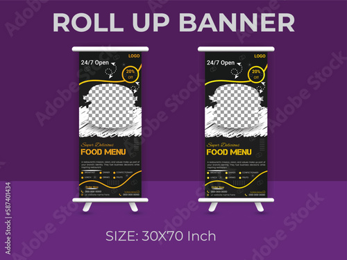 Restaurant food menu roll up banner  template. delicious food standee banner layout.