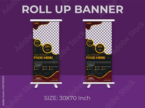 Restaurant food menu roll up banner  template. delicious food standee banner layout.