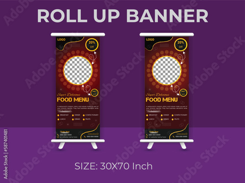 Restaurant food menu roll up banner  template. delicious food standee banner layout.
