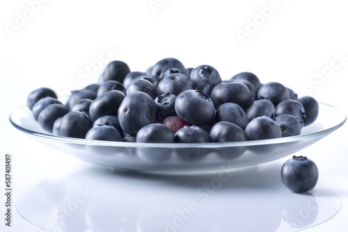 Closeup of fresh juicy blueberries on transtparent glass plate isolated on white background  copy space. High resolution. Generative AI