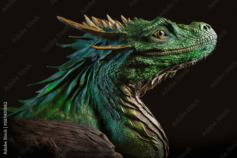 Obraz premium Green wooden dragon on black background. Zodiac sign, year of the Green Wooden Dragon. Generative AI.