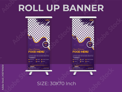 Restaurant food menu roll up banner  template. delicious food standee banner layout.