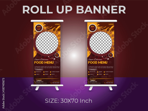 Restaurant food menu roll up banner  template. delicious food standee banner layout.