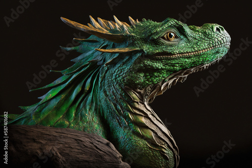 Green wooden dragon on black background. Zodiac sign, year of the Green Wooden Dragon. Generative AI. © Anna