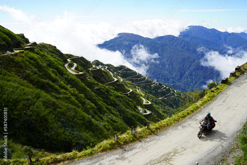 Biker riding in Zig Zag Road of Old Silk Route East Sikkim
