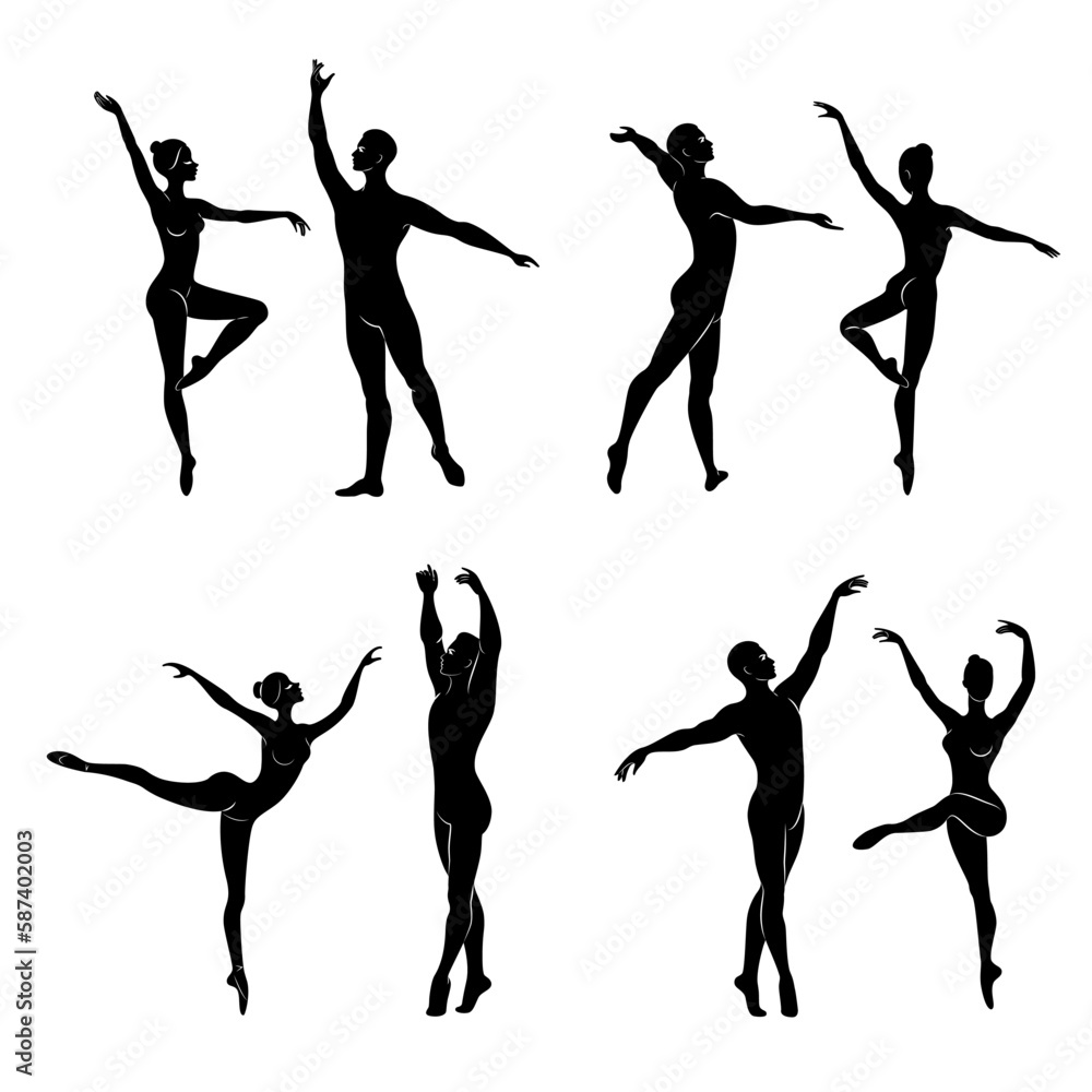 Collection. Silhouette of a ballet actor. The woman and the man have beautiful slender figures. Girl ballerina and boyfriend dancer. Vector illustration set Collection. Silhouette of a ballet actor. The woman and the man have beautiful slender figures. Girl ballerina and boyfriend dancer. Vector illustration set