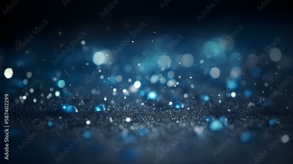 Glowing Defocused Glitter Texture Winter Holiday Background with Blue Bokeh Lights and Snow