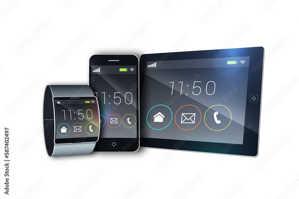 Fototapeta premium Futuristic black wrist watch with tablet and smartphone