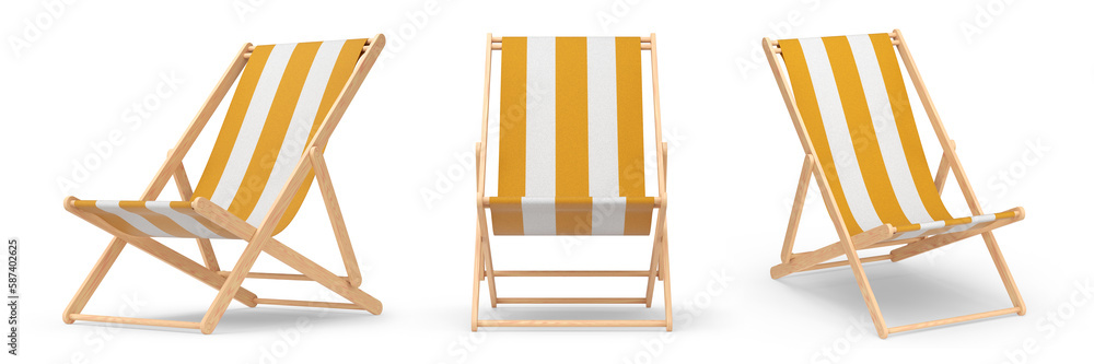 Set of striped beach chairs for summer getaways isolated on white background.