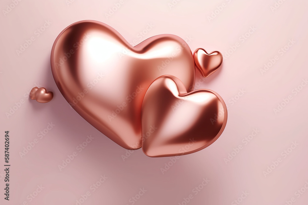 Rose Gold Glass Chocolate Heart Balloon 3D Background with Realistic Festive Pink and White Balloons, Gold Sparkles & Valentine's Day Celebration Design for Birthday and Event Templates. Generative AI