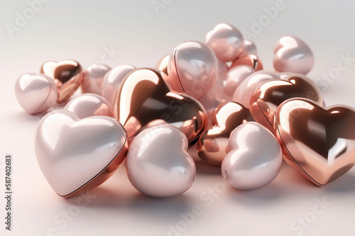 Rose Gold Glass Chocolate Heart Balloon 3D Background with Realistic Festive Pink and White Balloons  Gold Sparkles   Valentine s Day Celebration Design for Birthday and Event Templates. Generative AI