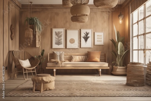 Boho house interior. Lightwall mockup. Brown living room. Excellent. Generative AI photo