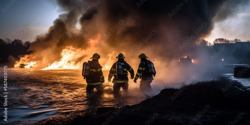 firefighters working together to extinguish fire (created with Generative AI) firefighters working together to extinguish fire (created with Generative AI)