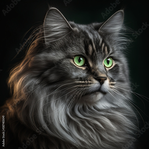 Portrait of a gray cat with beautiful green eyes, Generative AI © Alison