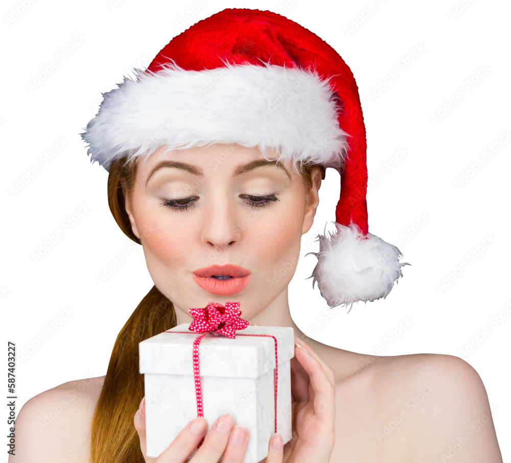 Fototapeta premium Pretty girl in santa costume holding gift box
