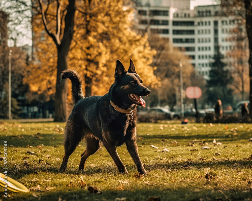 Ein glücklicher Hund im Stadt-Park, auf der Suche nach dem nächsten Abenteuer