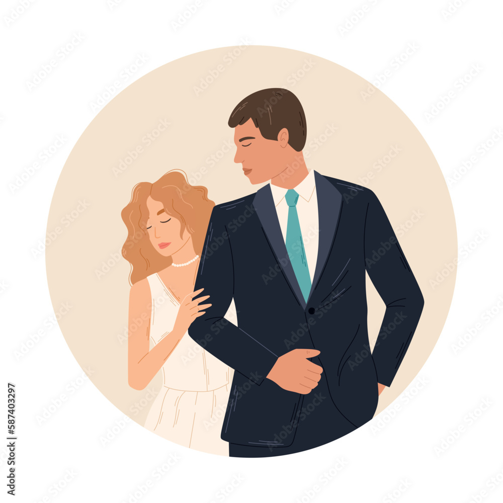 Young couple in love, standing bride and groom. Wedding ceremony of a woman in a dress and a man in a suit. Vector isolated flat illustration. Young couple in love, standing bride and groom. Wedding ceremony of a woman in a dress and a man in a suit. Vector isolated flat illustration.