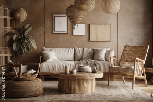 Scandinavian design Boho inspired living room design. Wall mockup in a brown home with wooden furnishings. illustration. Generative AI