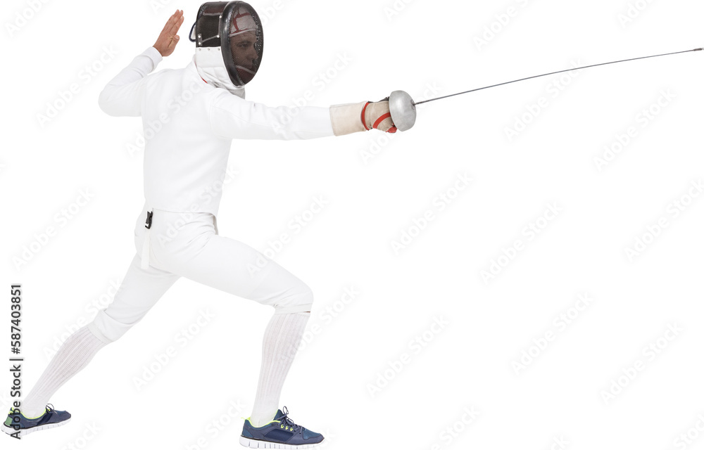 Man wearing fencing suit practicing with sword - obrazy, fototapety, plakaty 