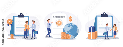 Electronic contract, sales contract terms, standard for quality control, payment terms and conditions, certification abstract metaphor. Business agreement abstract concept vector illustration set.	