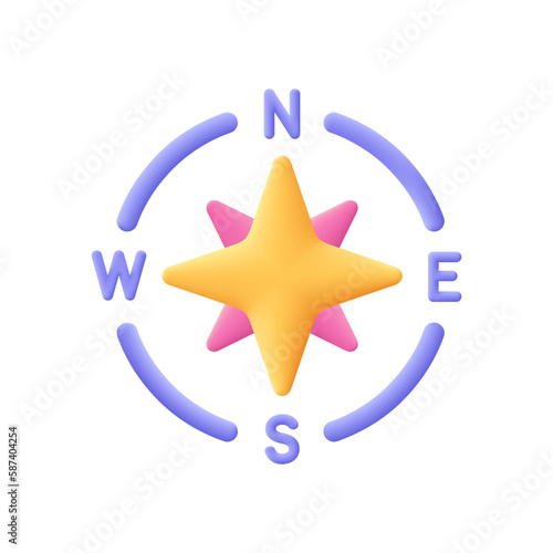 Cardinal points star, four cardinal directions, compass wind rose with north, south, east and west. Cartography, navigation and map concept. 3d vector icon. Cartoon minimal style.