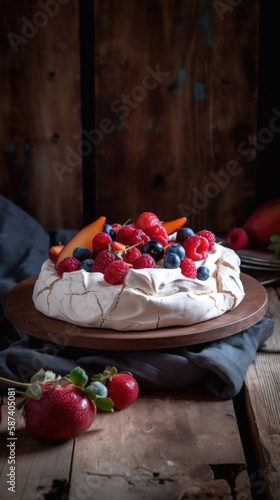 A Pavlova Cake Topped with Delicious Berries © Eirik Sørstrømmen