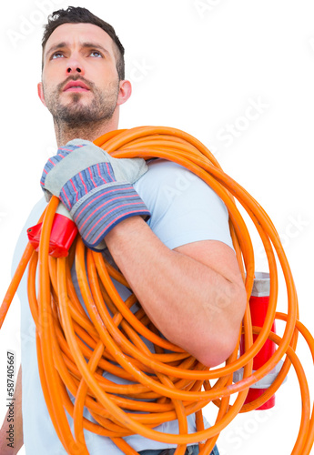 Repairman holding wire roll