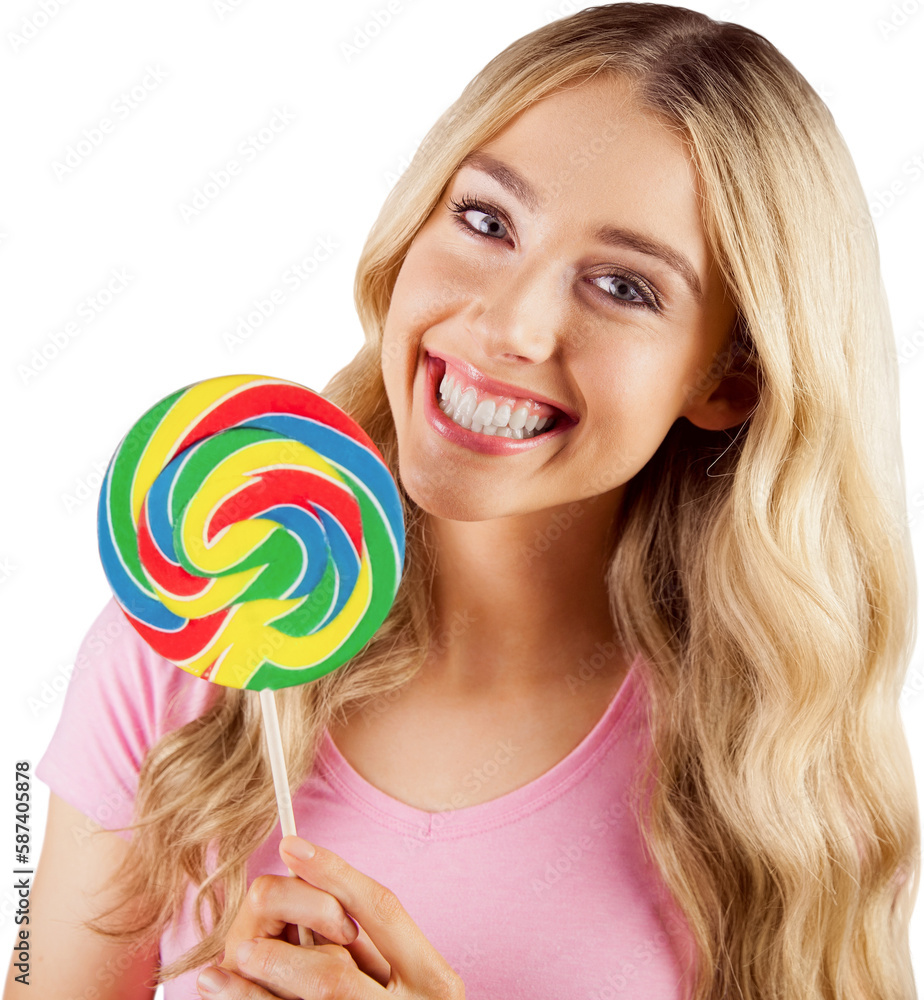 A beautiful woman holding a giant lollipop 