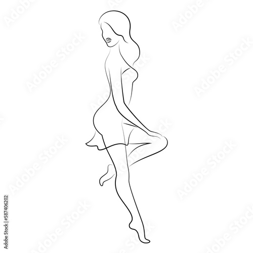 Woman silhouette in modern continuous line style. The girl is slim and beautiful. Lady suitable for aesthetic decor, posters, stickers, logo. Vector illustration.