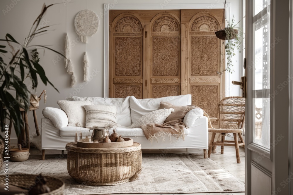 Bohemian timber living room with white glass door opening. White fabric ...