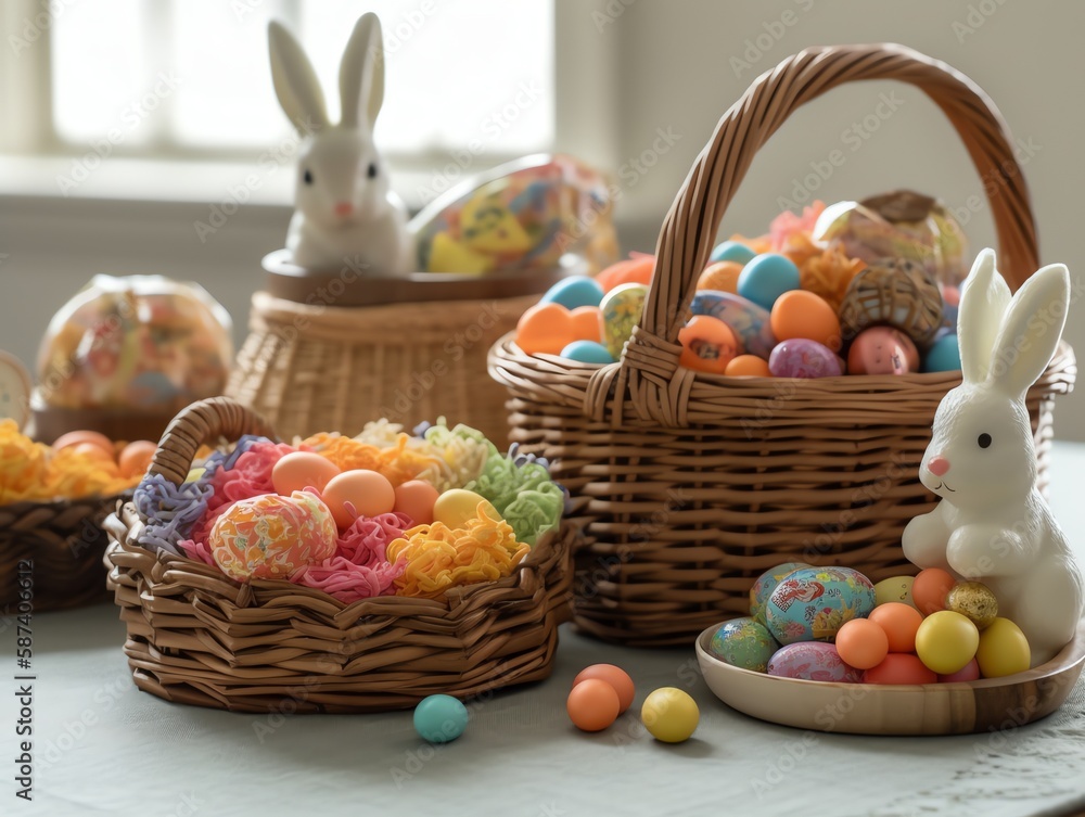 Easter basket with colorful eggs and bunnies on the table