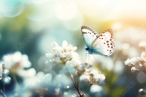Butterfly on a white flower. Spring background with copy space.