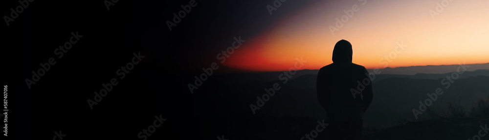 Sunset over a mountain range with a man shadow, background banner, site banner, cover, poster, 