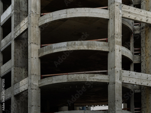 Reinforced concrete structure of a construction site. Close-up of the facade. Raw structure of the commercial building. Office complex ruin of a bankrupt investor.
