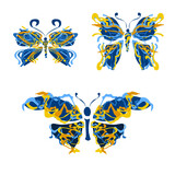 Unusual butterfly of wavy blue and yellow lines. Summer moth with openwork wings. Ukrainian traditional colors