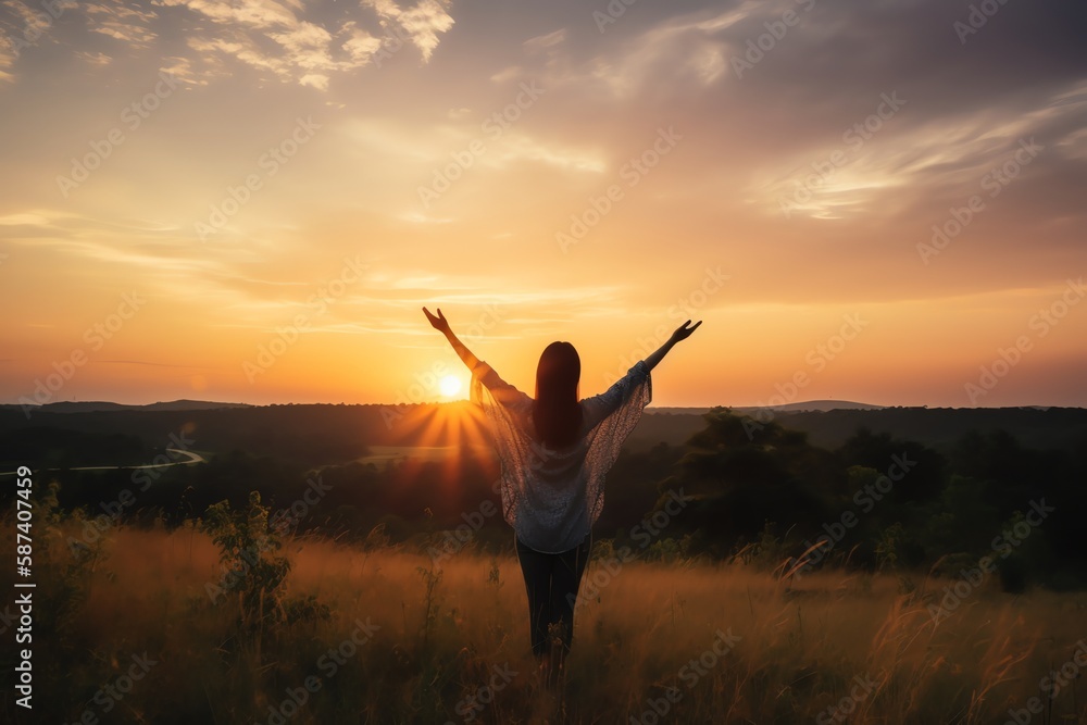 Silhouette of a woman with open arms in the field at sunset Silhouette of a woman with open arms in the field at sunset
