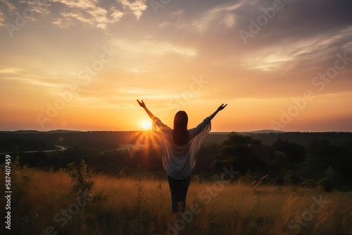 Silhouette of a woman with open arms in the field at sunset
