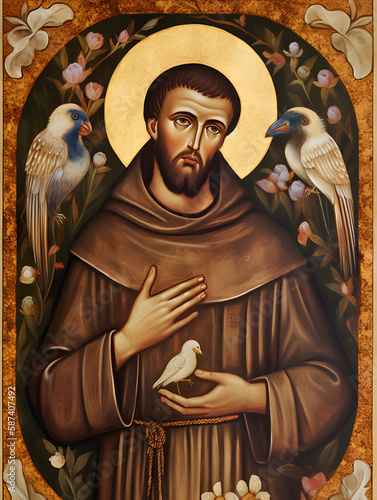 Fotografija St Saint Francis of Assisi art painting illustration with birds