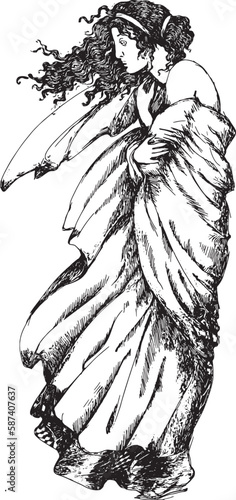 An ancient Greek girl stands in the wind. Engraving style for invitation cards, banners, posters or covers.