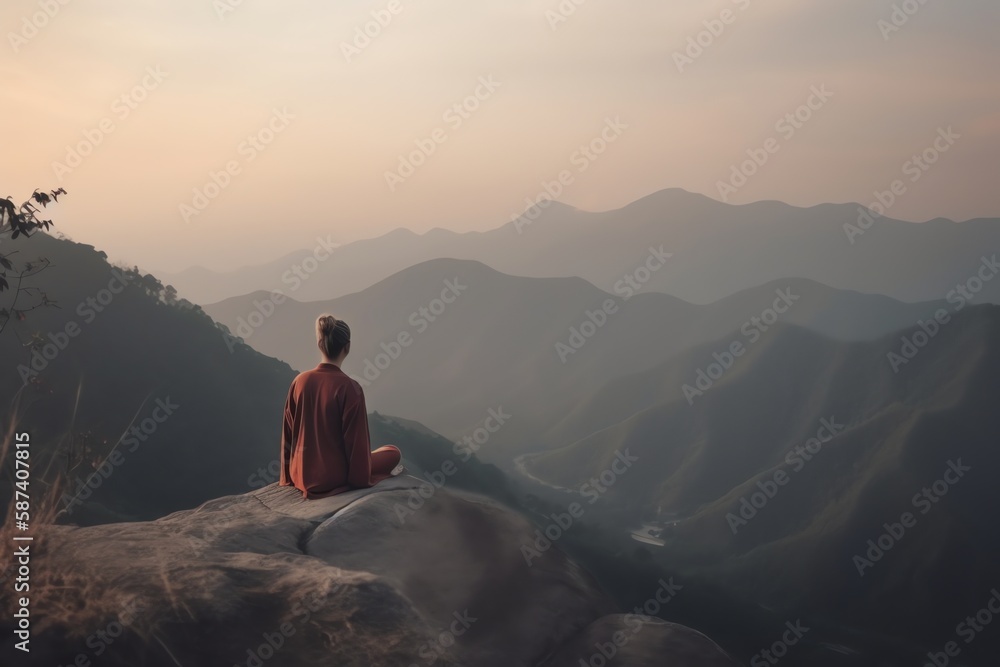 A woman sitting on the top of a mountain and looking at the sunset.