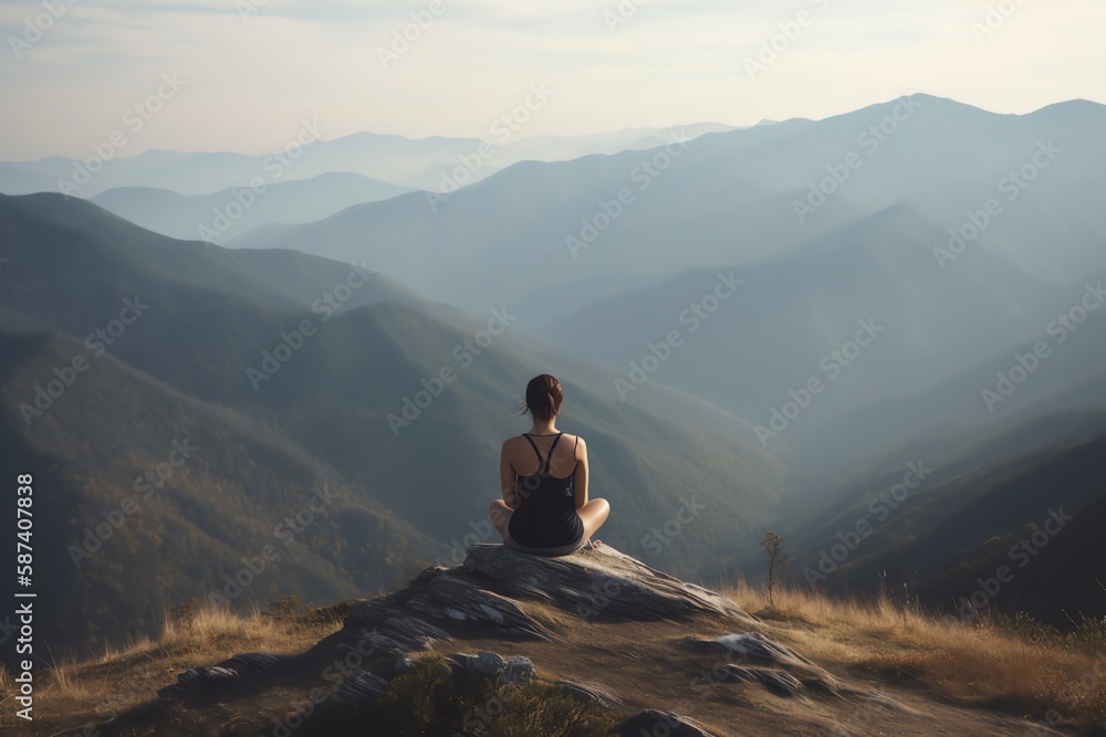 Young woman meditating on top of a mountain in the morning.