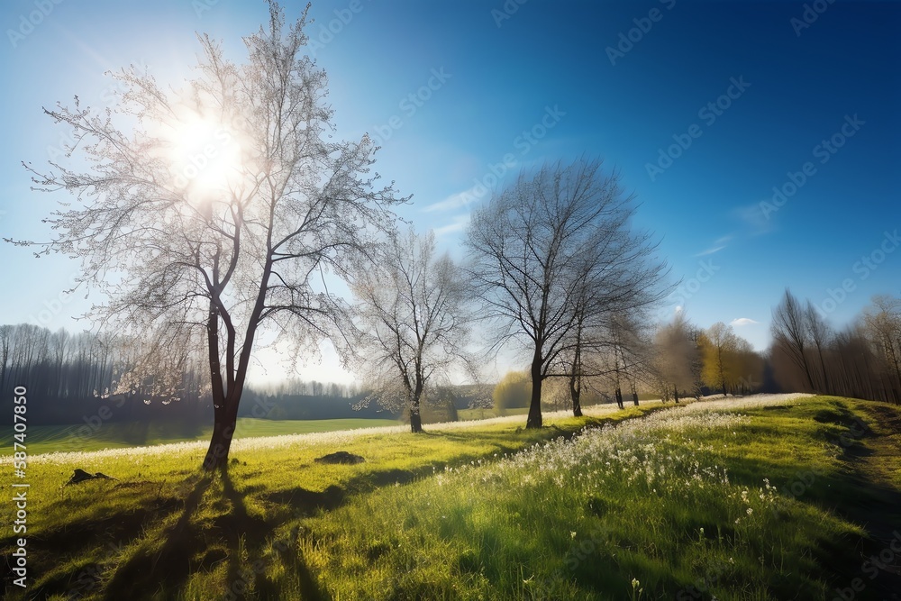 Beautiful spring landscape with trees on the meadow in sunny day